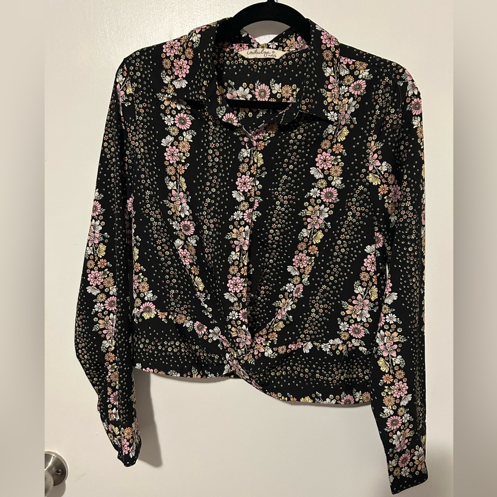 Indulge Black Blouse with Pink and Yellow Floral Design